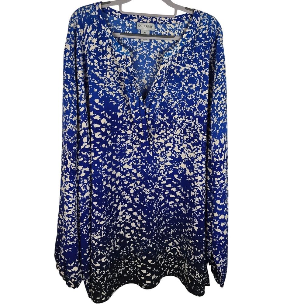 Catherines Blue White V-Neck  Long Sleeve Women Work Business Blouse 5X